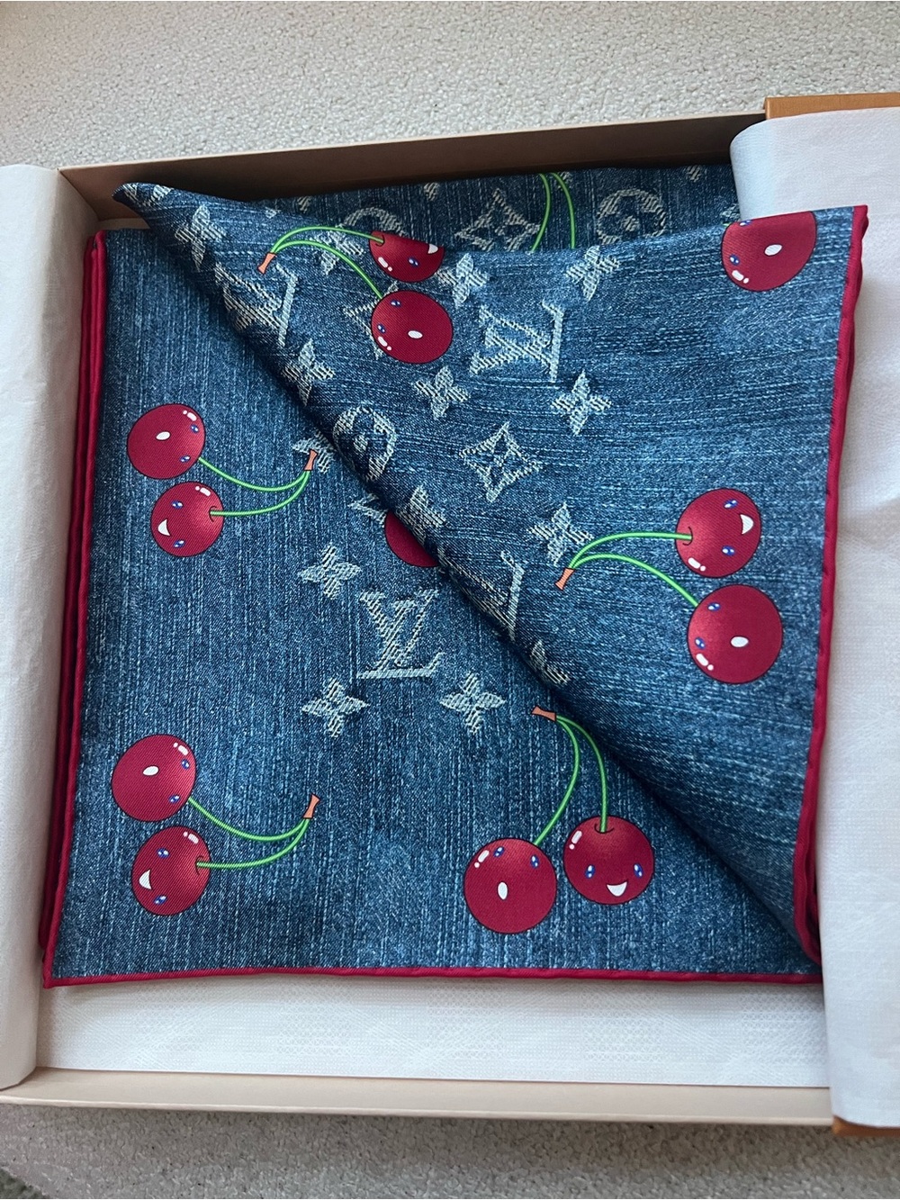 Louis Vuitton Silk Monogram Cerise Square 90 Denim Blue LV X TM 🍒 NIB - Picture 3 of 5